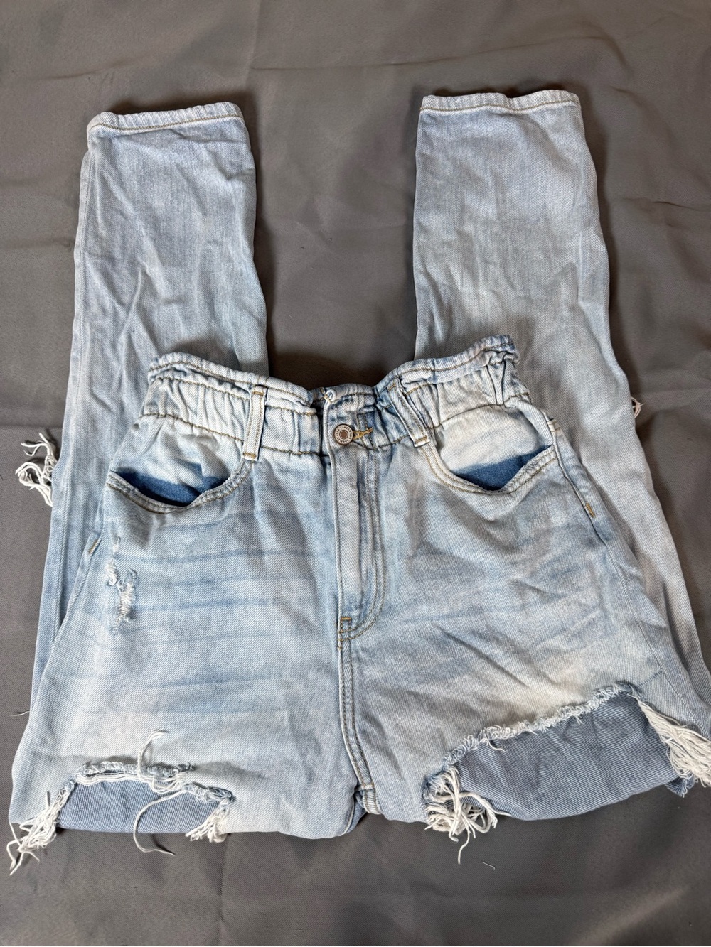 KanCan Light Wash Distressed Paper Bag Style Waistband Jeans